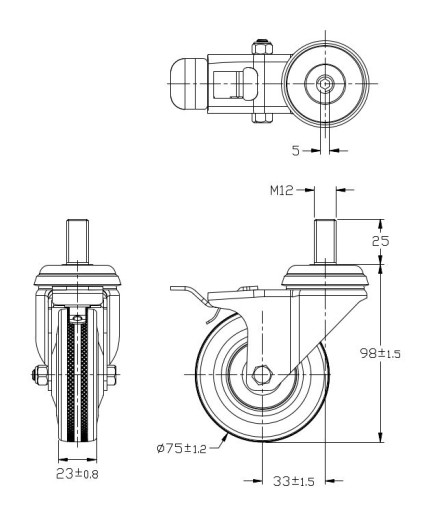 OTOČNÉ KOLESO KOLESO VÍRIVÉ GUMOVÉ S BRZDOU 75MM 50KG stopka 12MM