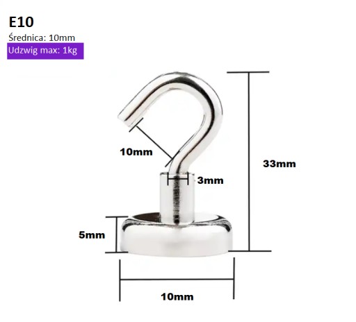 MAGNETICKÝ DRŽIAK SILNÝ NEODYMIOVÝ MAGNET S HÁČKOM Ø10 mm 1kg