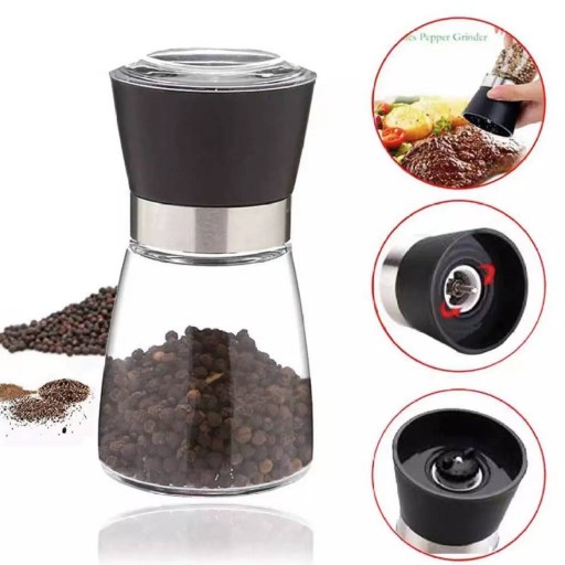 Sklenený mlynček na korenie s čiernym perím 90g