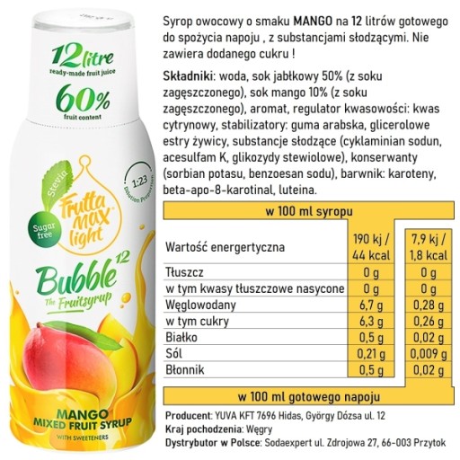 Fruttamax Mango Light sirup 500 ml do sódy BEZ CUKRU na 12 litrov vody