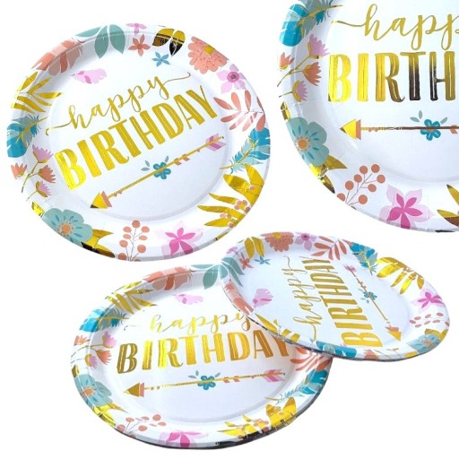 Happy Birthday papierové taniere 23cm BOHO FLOWERS zlatý nápis Birthday