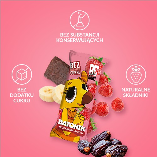 Ovocná tyčinka pre deti BeRAW Kids Jahoda Banán bez pridaného cukru 25g