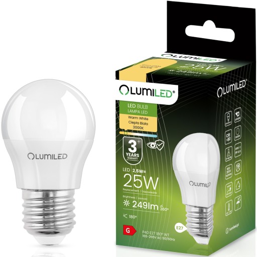 E27 P40 LED žiarovka 2,5W = 25W 249lm 3000K Teplá 180° LUMILED