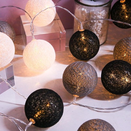 Bavlnené guličky 20 LED 4cm - Svetlá loptičky na batérie šedé 3 metre