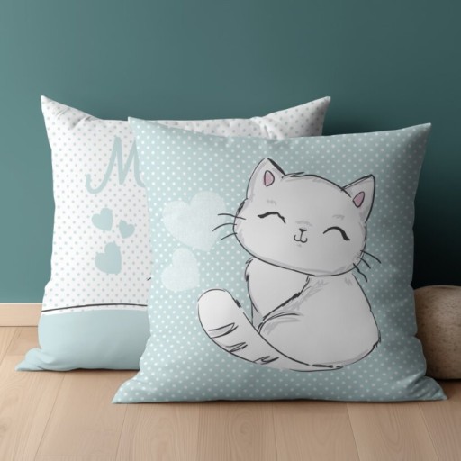 Bavlnená obliečka na vankúš 40x40 cm Detexpol mačiatko mačka bodky mätová bavlna