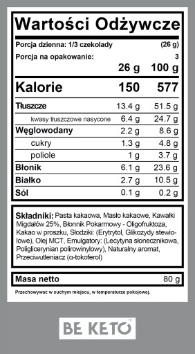 BeKeto Vegan Keto Čokoláda s MCT olejom 80g - Chrumkavá mandľa