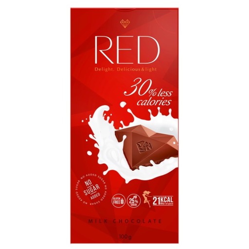 Mliečna čokoláda so zníženým obsahom kalórií (-30%) 100g ČERVENÁ
