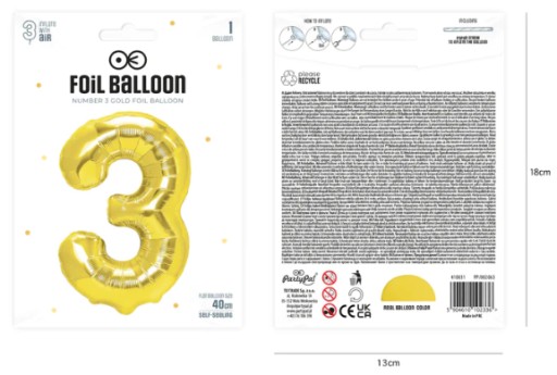 FÓLIOVÝ BALÓN NA NARODENINOVÉ AKCIE ČÍSLO TRI 3 ZLATÝ VEĽKÝ 40 CM