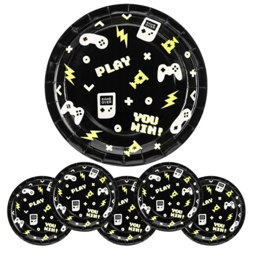 Narodeninové papierové taniere, hráčske narodeniny, čierne gamepady, 23 cm, 6 kusov