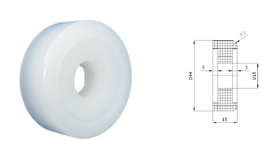 Polyamidový valček na brány bez ložísk, priemer 44mm, priemer 15mm