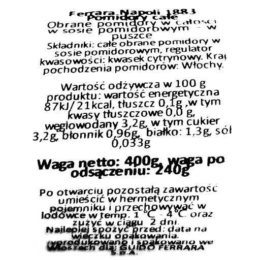 Talianske celé paradajky v plechovke Pomodori Pelati 400g Ferrara