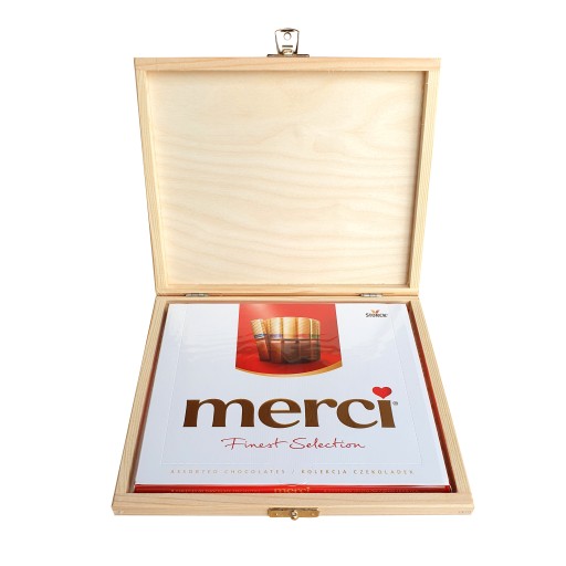 DREVENÁ krabička na čokoládky MERCI ako darček