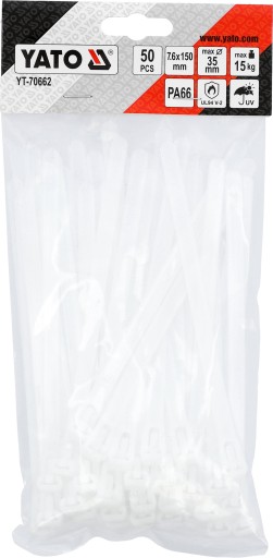 BIELE PLASTOVÉ KABELOVÉ SPOJKY 7,6X150mm 50 ks. YATO TITULY