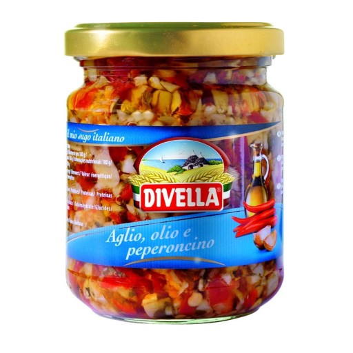 MIEŠAŤ AGLIO OLIO PEPERONCINO cesnak olivový olej feferónky v oleji Divella 190g