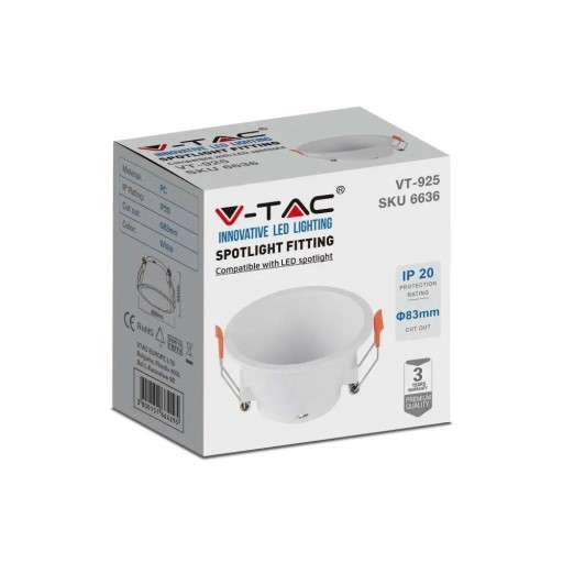 V-TAC GU10 očko zapustené hlboké okrúhle biele VT-925-W 3-ročná záruka