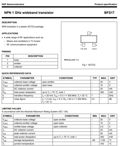 BFS17 NPN Tranzistor 1Ghz NXP smd SOT23 Ep1