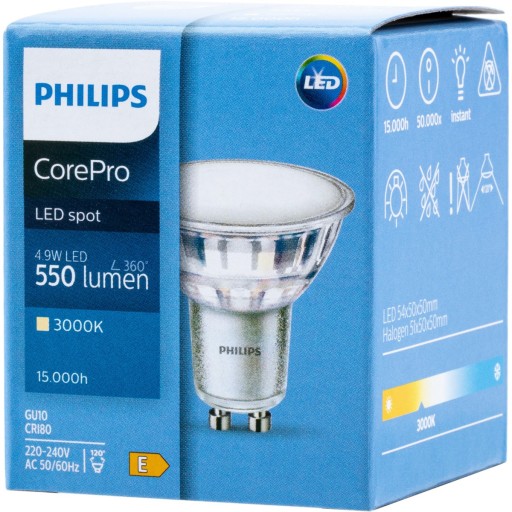 GU10 LED žiarovka 4,9W = 50W 550lm 3000K Teplá 120° PHILIPS