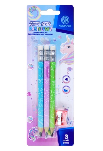 Jumbo ceruzka na učenie sa písať, 3 ks + strúhadlo Pastel Line Astra