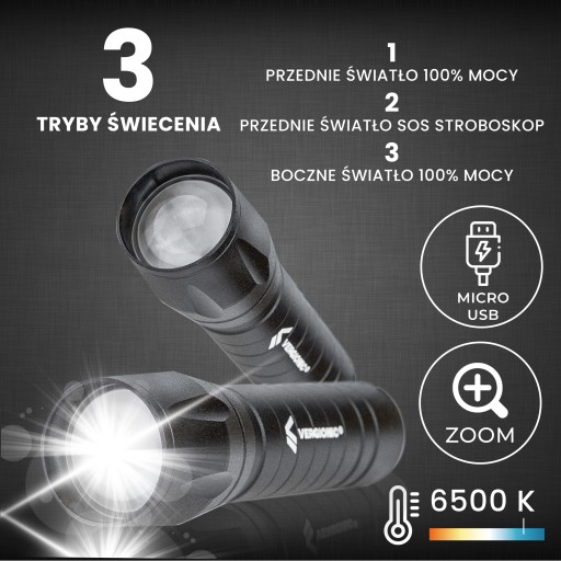 Taktická dobíjacia LED baterka s káblom + súprava pevného puzdra + ZOOM