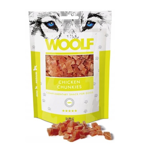 WOOLF MÄKKÉ KURACIE CHUNKIES ZMLUVA PRE PSA MAČKU JEMNÉ KURACIE PRUHY 100g