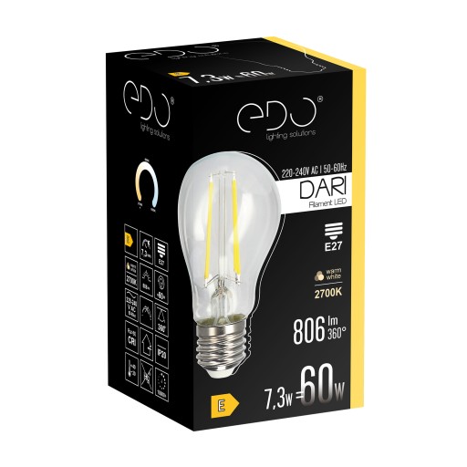 Dekoratívna LED žiarovka E27 A60 CLEAR 7,3W 2700K teplá 806lm EDO