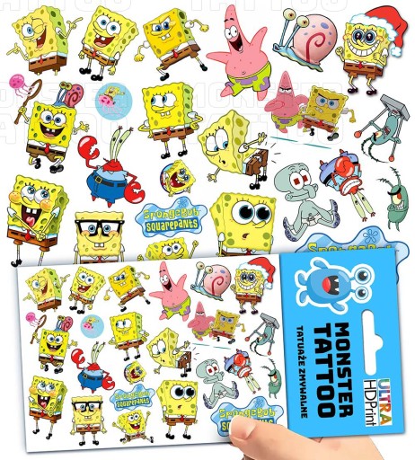 UMÝVAJÚCE DOČASNÉ TETOVANIE PRE DETSKÉ DETSKÉ SPONGEBOB ORIGINÁLNE VZORY