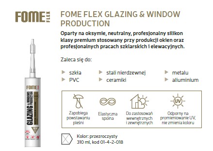 Silikónový tmel na okná a sklá, XS1 a UV odolný, 310 ml, bezfarebný Fome Flex