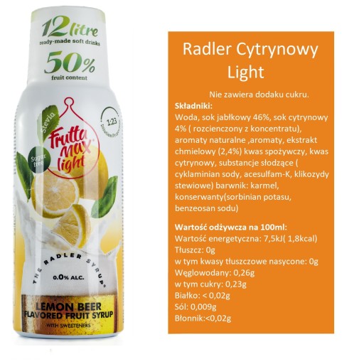 Fruttamax Radler Lemon Light sirup 500ml do sódy karbonátok BEZ CUKRU