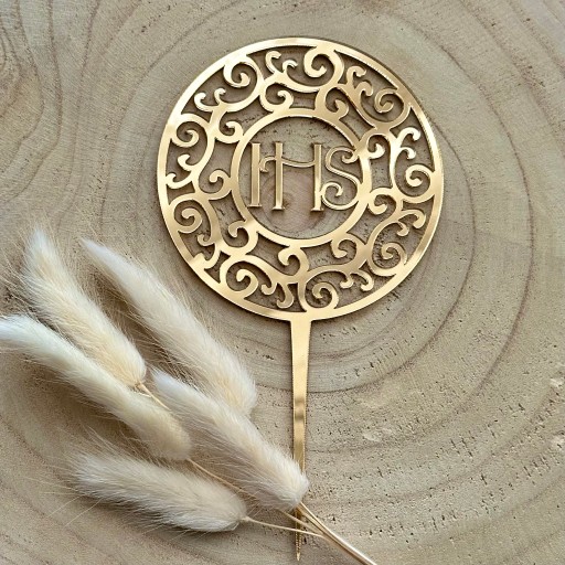 IHS v ozdobnom kruhovom ráfiku Communion Communion topper Zlaté PLEXI zrkadlo