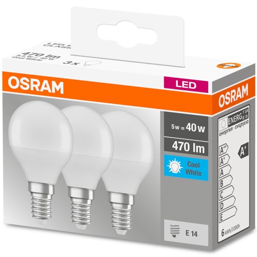 OSRAM 3-PACK LED GUĽOVÁ ŽIAROVKA E14 5W = 40W 4000K studená biela