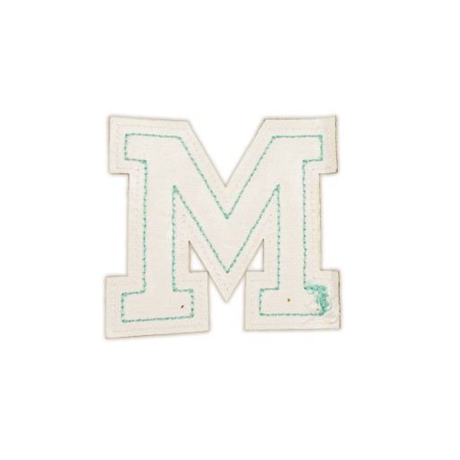 PATCH LETTER M, azúrová, trblietka, modré písmo