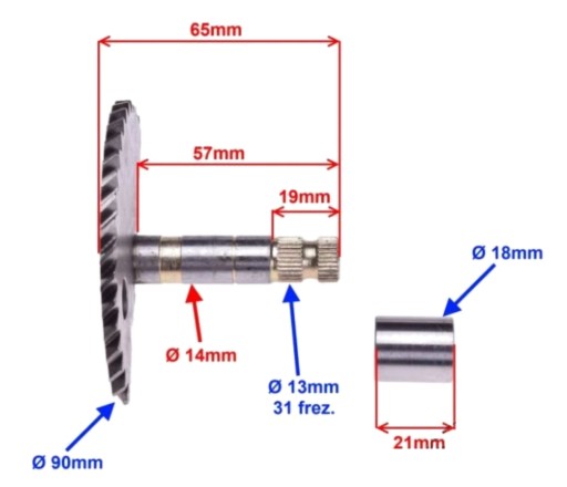 Kolobežka GY6 4T, hriadeľ štartéra 57 mm pre 8T koleso