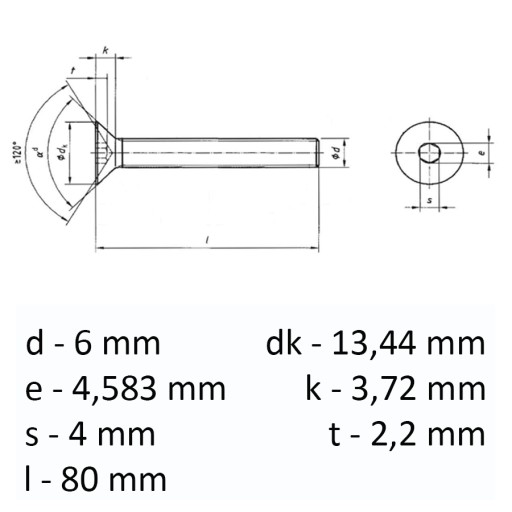 INOX A2 kužeľová skrutka DIN 7991 M6 x 80 - 10 ks.