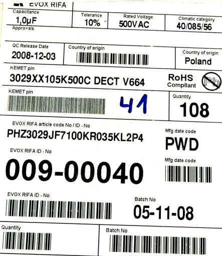 EVOX RIFA Fólia 1uF 10% 500V AC