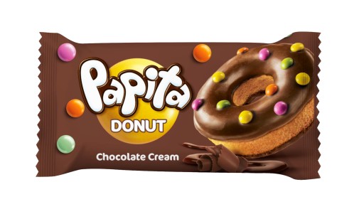 Donut s čokoládovou náplňou, sušienka v kakaovej poleve s kvapkami Papita