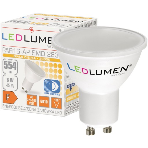 GU10 PAR16 LED žiarovka 6W=45W SMD 554lm 120° Úspora energie bez blikania