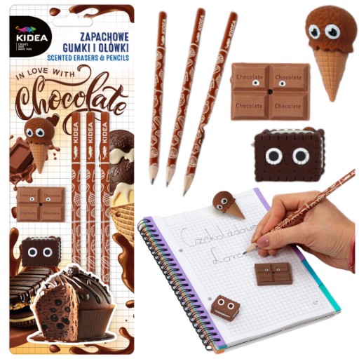 Voňavá sada 3x školských ceruziek a vonných gumičiek CHOCOLATE KIDEA