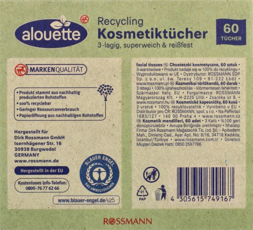 ALOUETTE Recyklačné kozmetické obrúsky 3-vrstvové 60 ks