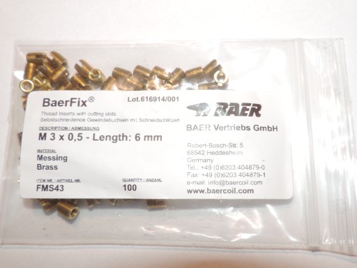 Zlomené objímky, opravný závit M3 x0,5 L=6mm, mosadz