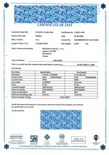Lano Oceľové pozinkované lanko 4mm 6x19 žiarový zinok 1m