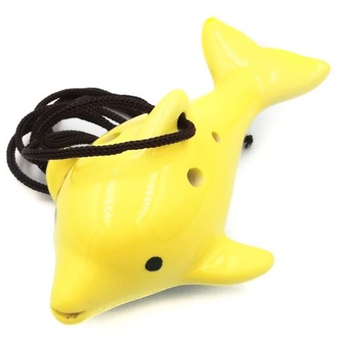 mini OKARYNA, keramika, žltá, delfín, 6 jamiek, noty - flauta okarína