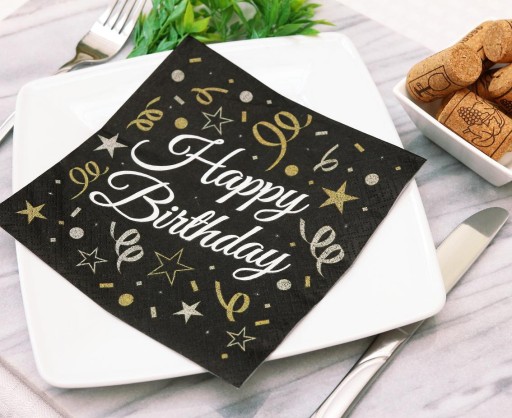 čierne obrúsky B&C Happy Birthday na narodeninovú oslavu