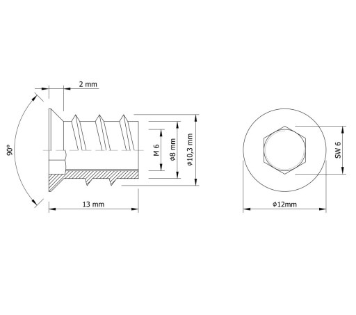 10x nástrčka M6 x 13 mm, dvojzávitová skrutka do dreva, nábytková vložka