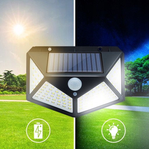 SOLAR LAMPA 100 LED SO SNÍMAČOM POHYBU SÚMRAK, NÁSTENNÁ FASÁDA