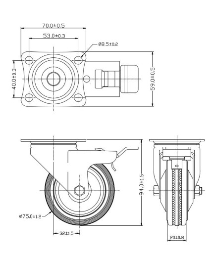 OTOČNÉ KOLESO S BRZDOU 75MM 50KG