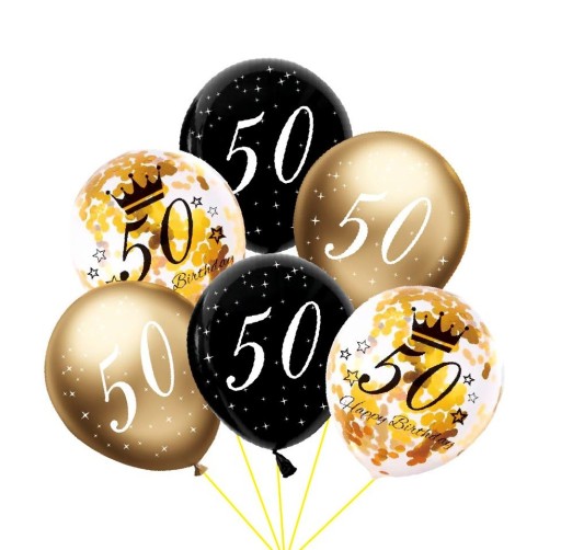 50th BIRTHDAY balóniky Narodeninové balóny s konfetami - 6 ks