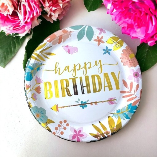 Happy Birthday papierové taniere 23cm BOHO FLOWERS zlatý nápis Birthday