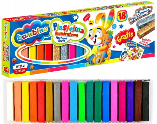 Štvorcová plastelína, 18 farieb + BAMBINO podložka