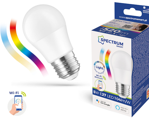 LED žiarovka E27 guľa 5W RGBW+CCT+DIMM Wi-Fi/BT