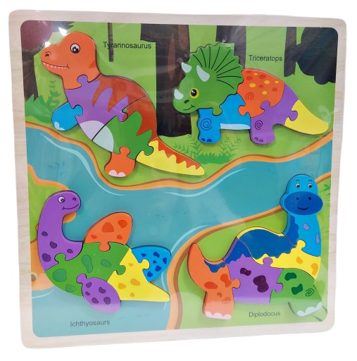 DREVENÉ PUZZLE DINO, DINOSAURY NA PODLOŽKE